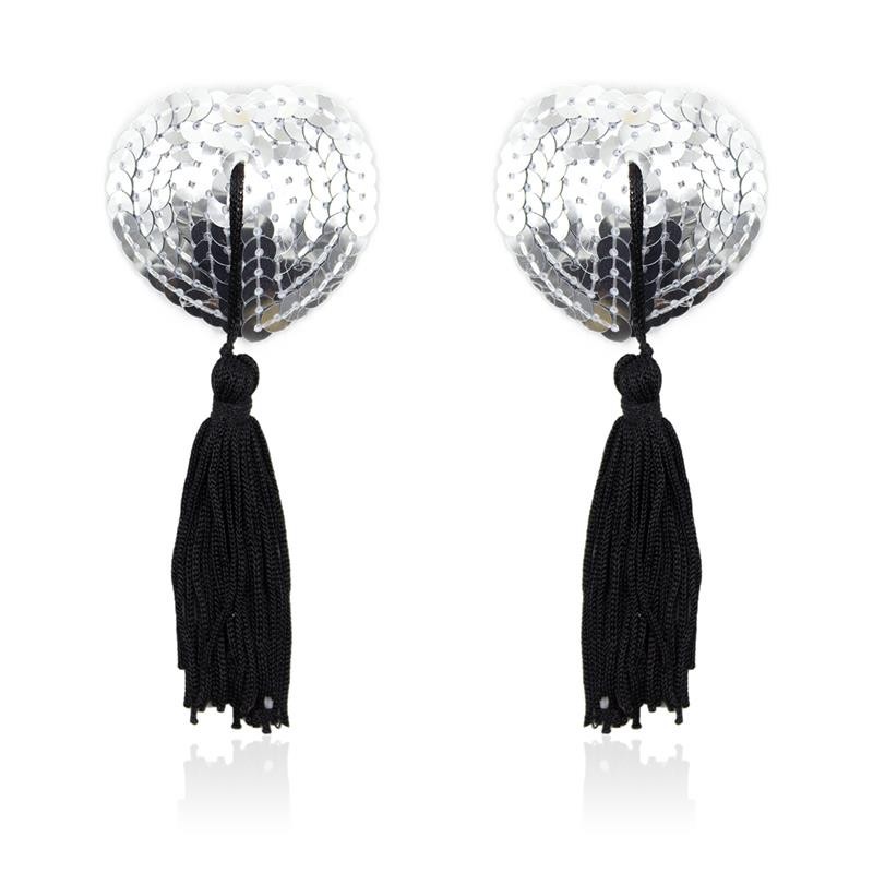 nipples autoadhesives forme de coeur avec paillettes noir/argent