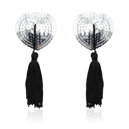 nipples autoadhesives forme de coeur avec paillettes noir/argent