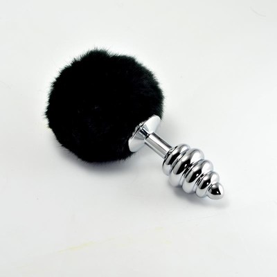 Plug Anal en metal en Spirale avec Pompon noir