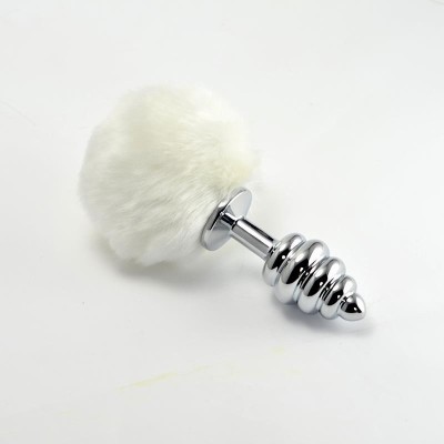Plug Anal en metal en Spirale avec Pompon blanc