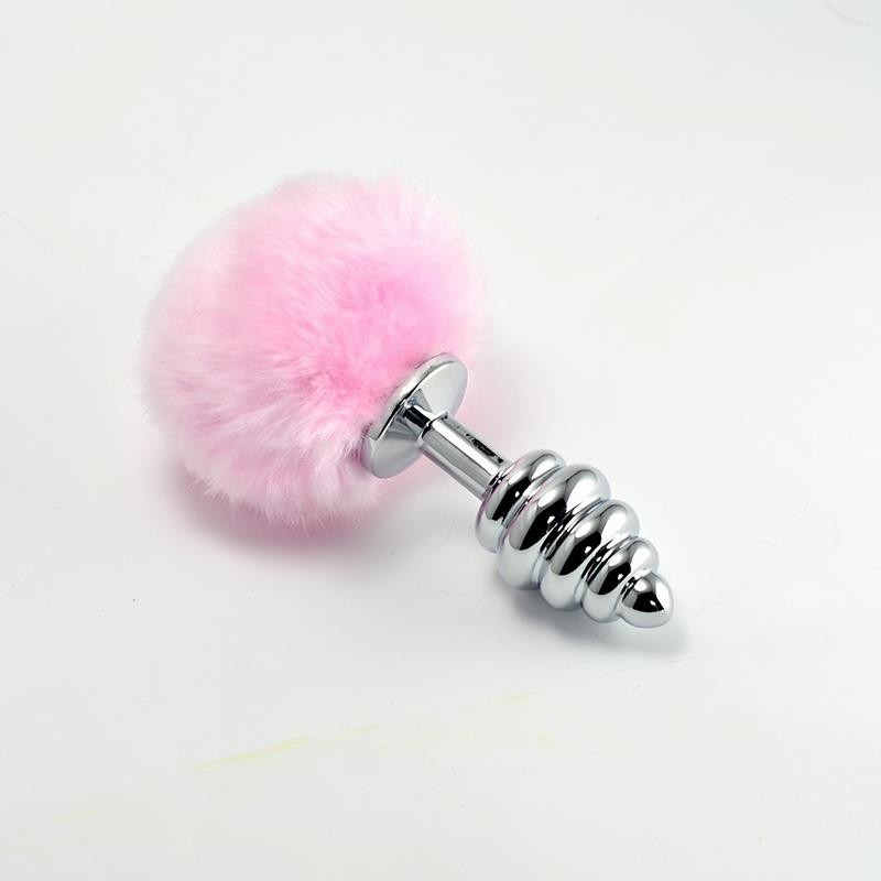 Plug Anal en metal en spirale avec Pompon rose