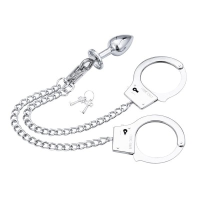 menottes en metal avec chaine et Plug Anal
