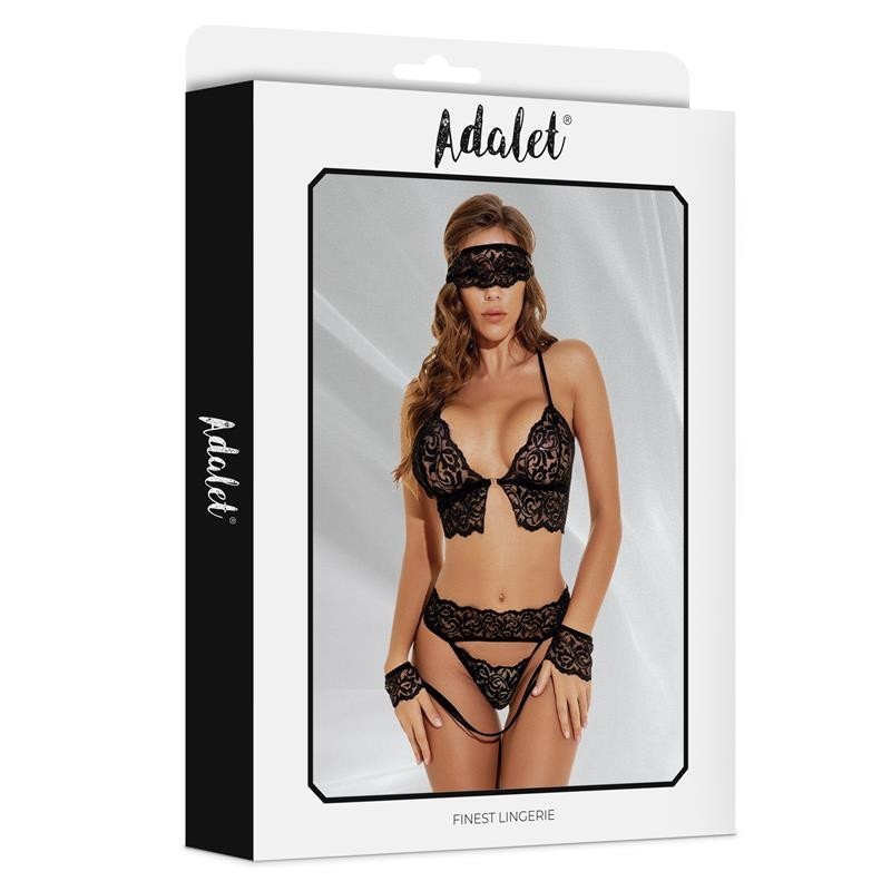 elle Set soutien-gorge, Tanga, masque et menottes de dentelle