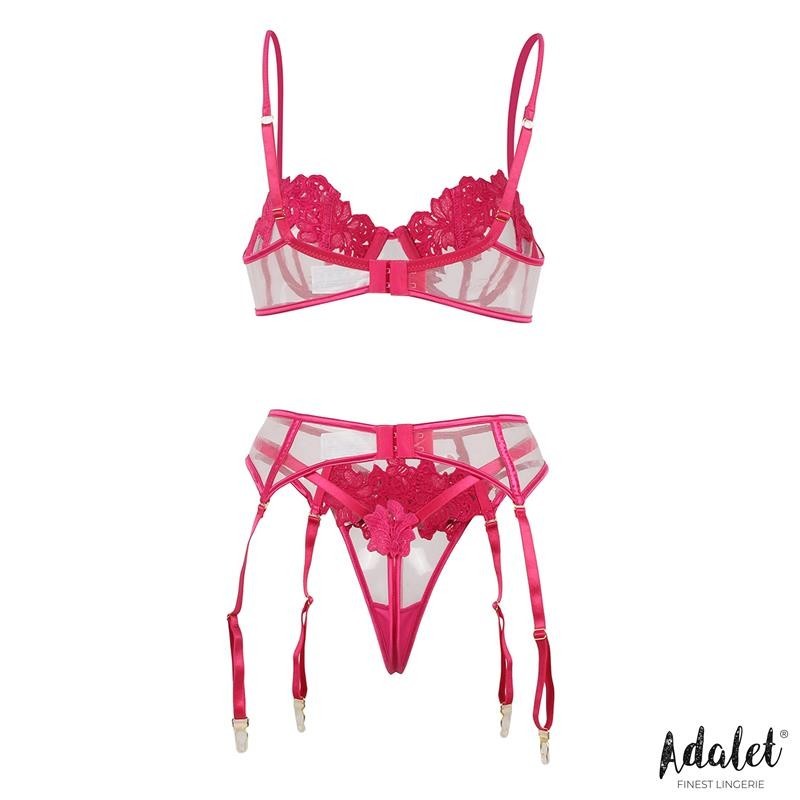 Nora Set soutien-gorge, Tanga et jarretelle avec fleurs Fuchsia