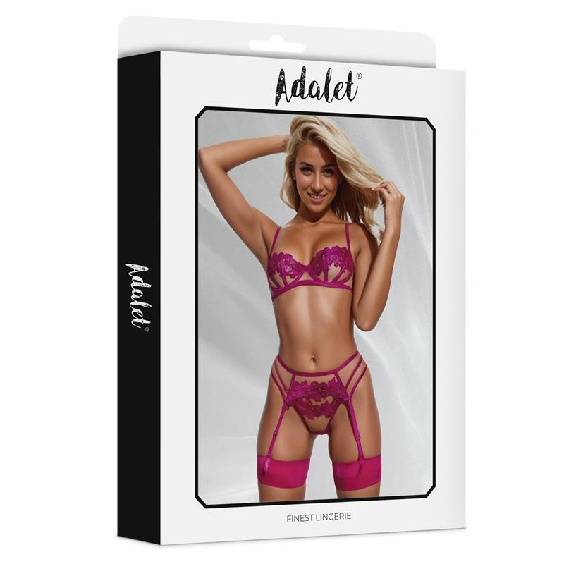 Nora Set soutien-gorge, Tanga et jarretelle avec fleurs Fuchsia