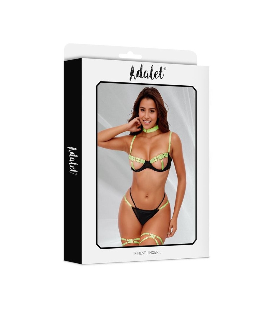 Ensemble Maya soutien-gorge, Tanga, jarretière et collier jaune et noir