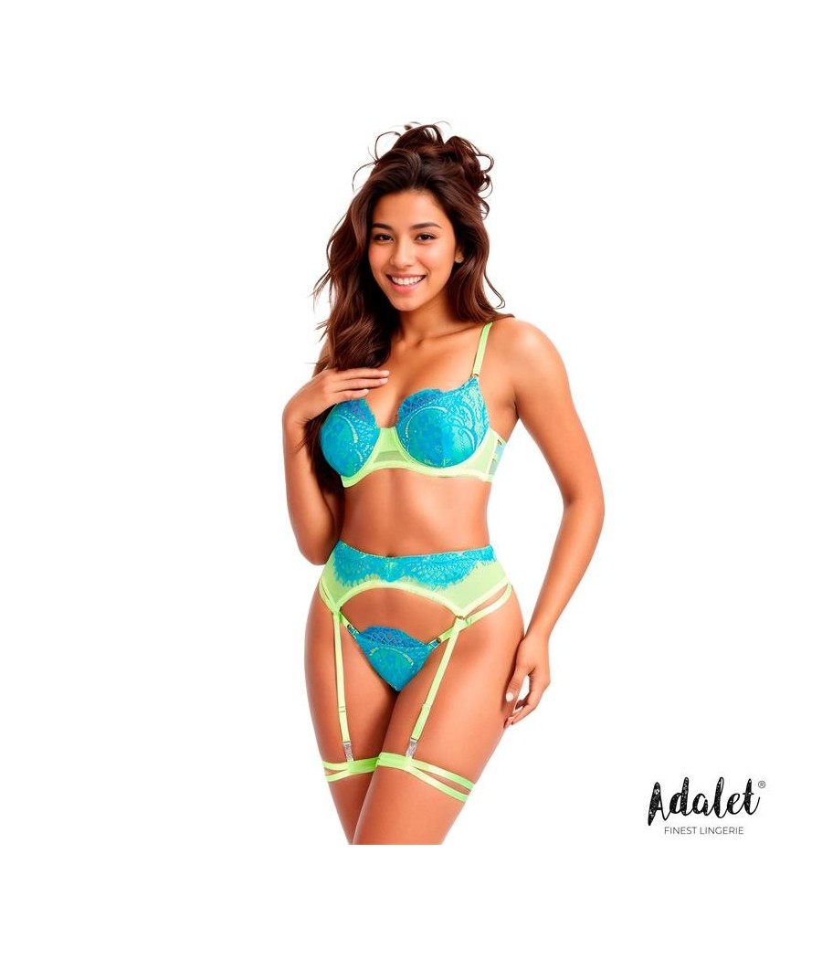 Harlow Set soutien-gorge, Tanga, jarretelle jaune et bleu