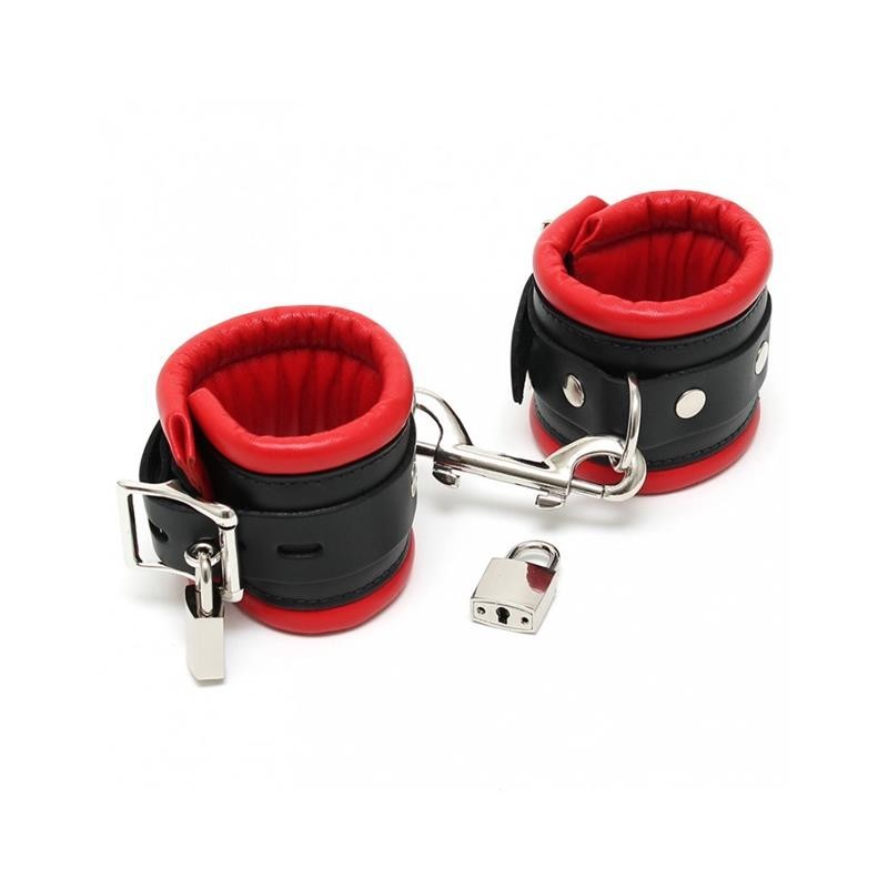 menottes cuir avec cadenas noir et rouge 7 cm